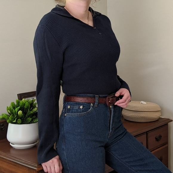 Vintage Navy Blue Top Button Collared Shirt - Picture 3 of 8